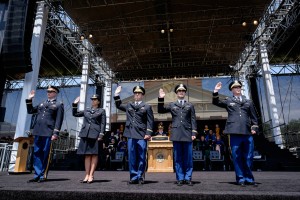 Wake Forest University holds its 2015 Commencement ceremony on Hearn Plaza on Monday, May 18, 2015.  Graduating ROTC cadets reenact their commissioning on stage.