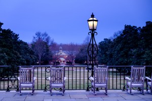 A predawn view of the Magnolia Patio and Manchester Plaza on the campus of Wake Forest.