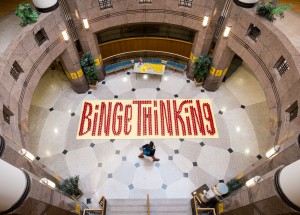 An art installation in the atrium of the Benson University Center draws attention to the Binge Thinking campaign on alcohol consumption on campus, on Tuesday, January 21, 2014.