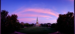 A panoramic image of Wait Chapel and Hearn Plaza, on the campus of Wake Forest University, Wednesday, September 16, 2015.