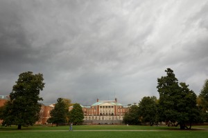 Wake Forest students walk across campus during a severe thunderstorm on Wednesday, October 27, 2010.