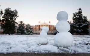 A light blanket of snow covers the Wake Forest campus on Friday, January 18, 2013.  A snowman stands in Manchester Plaza.