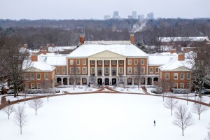 Views of the Wake Forest campus after a light snow on the morning of Tuesday, February 24, 2015.  Students cross Hearn Plaza in this aerial photo from Wait Chapel.