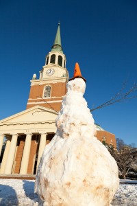 A snow man stands on Hearn Plaza on the campus of Wake Forest University after a light snow on Monday, February 20, 2012.