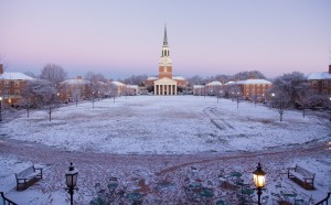A light blanket of snow covers the Wake Forest campus on Friday, January 18, 2013.  A view of Hearn Plaza and Wait Chapel.