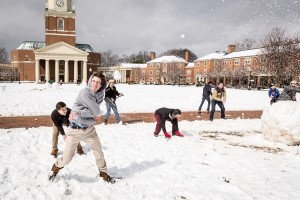 Wake Forest students take advantage of a rare snow day to build snowmen and have snowball fights on Hearn Plaza on Thursday, February 26, 2015.