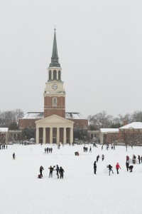 Wake Forest students play in the snow on Hearn Plaza during a major storm on Thursday, February 13, 2014.