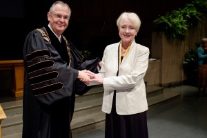 Wake Forest University holds its annual Founders' Day Convocation in Wait Chapel on Thursday, February 18, 2016. Jenny Robinson Puckett (71 P 00) receives the Medallion of Merit from President Nathan O. Hatch.