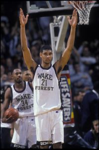 Wake Forest basketball player Tim Duncan on the court.